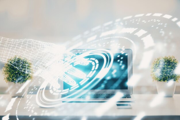 Double exposure of table with computer on background and data theme drawing Concept of innovation