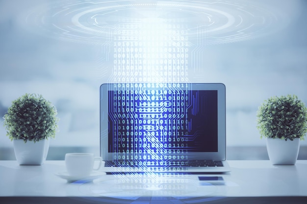 Double exposure of table with computer on background and data theme drawing Concept of innovation