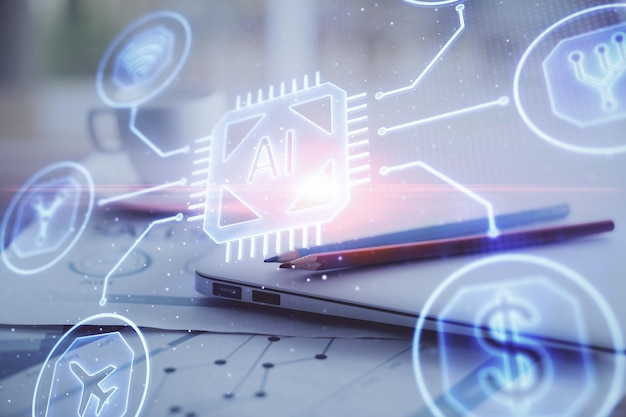 Double exposure of table with computer on background and data theme hologram Data technology concept