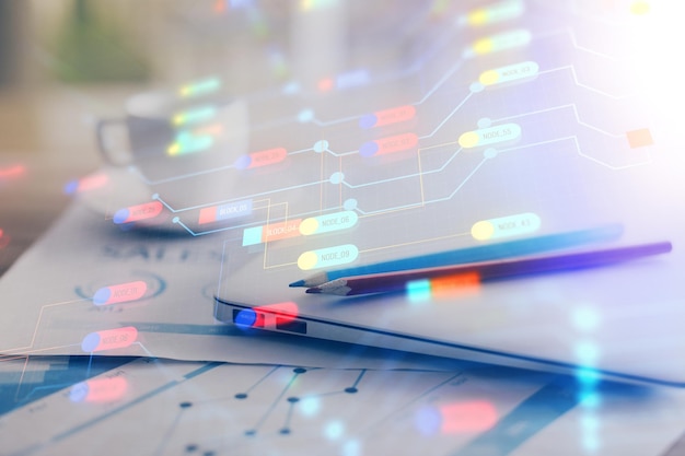 Double exposure of table with computer on background and data theme hologram Data technology concept