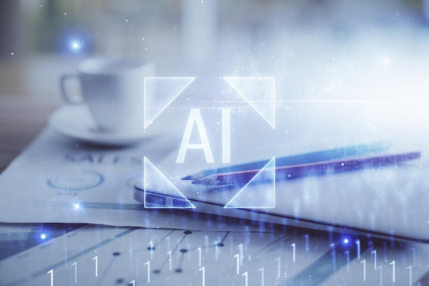 Double exposure of table with computer on background and data theme hologram Data technology concept