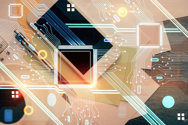 double exposure of technology theme drawing over work table desktop top view global data analysis concept