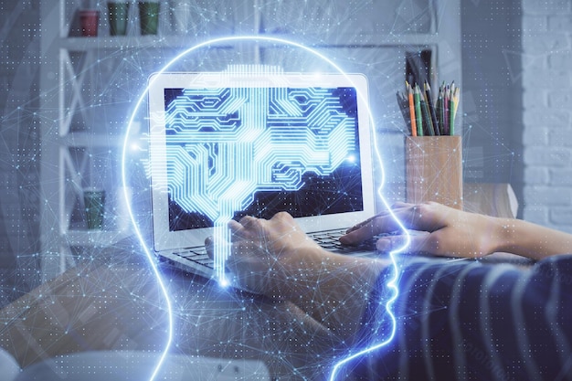double exposure of woman hands working on computer and brain hologram drawing ai concept