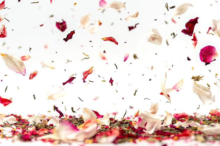 dried herbarium pink and white flowers scattered all over it The flowers are in various sizes and are falling from the sky creating a sense of movement and chaos