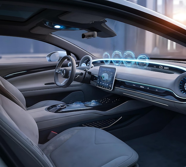 Driverless car interior with futuristic dashboard