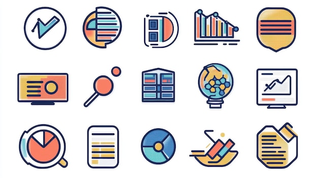 Duotone web icons for data analysis search mining filters pie charts