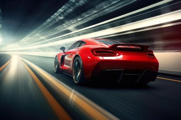 Dynamic Red Car Navigating a Curve on the Expressway