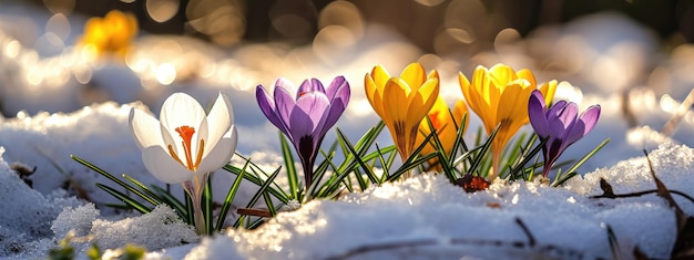 Early spring crocuses through melting snow winter to spring background