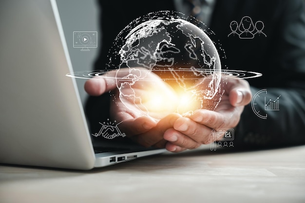 earth held in human hands signifies global network connections and innovative technology this image encapsulates concepts of science communication and energysaving background big data analytics