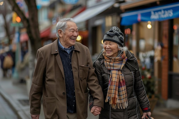 Elderly Couple Walking Hand in Hand with Content Smiles