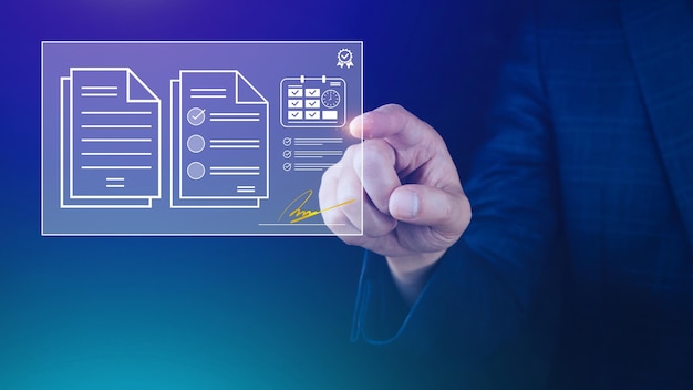 Electronic Signature Concept Electronic Signing Businessman signs electronic documents on digital documents on virtual laptop screen using stylus pen Paperless workplace idea