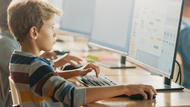 elementary school computer science classroom smart little schoolboy works on personal computers learning programming language for software coding schoolchildren getting modern education
