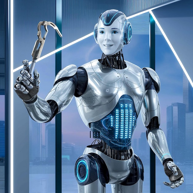 Elinde silahı olan ve arkasında robot yazan bir robot