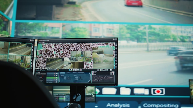 Empty monitoring room with a big screen to observe traffic through surveillance
