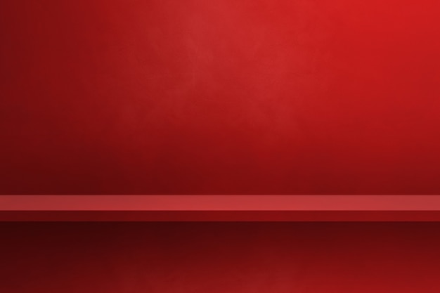 Empty shelf on a red wall. Background template scene. Horizontal backdrop