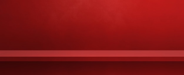 Empty shelf on a red wall. Background template scene. Horizontal banner