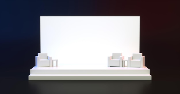 empty stage design for mockup and corporate identity with white display and armchair on dark red bg