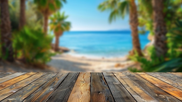 Empty table top with tropical beach blur for summer products