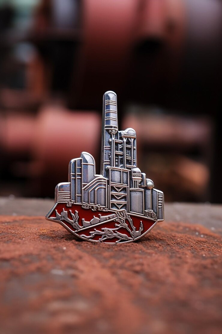 Fotoğraf enamel pin industrial silver tones and creative design