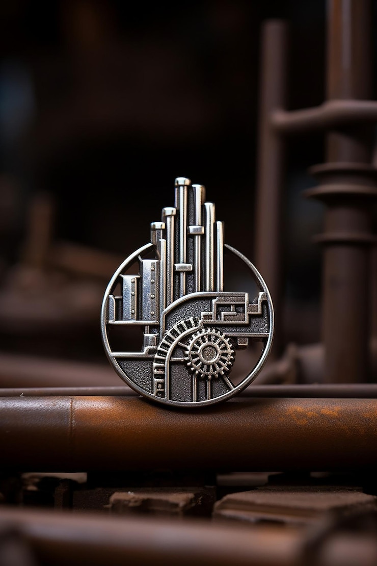 Fotoğraf enamel pin industrial silver tones and creative design