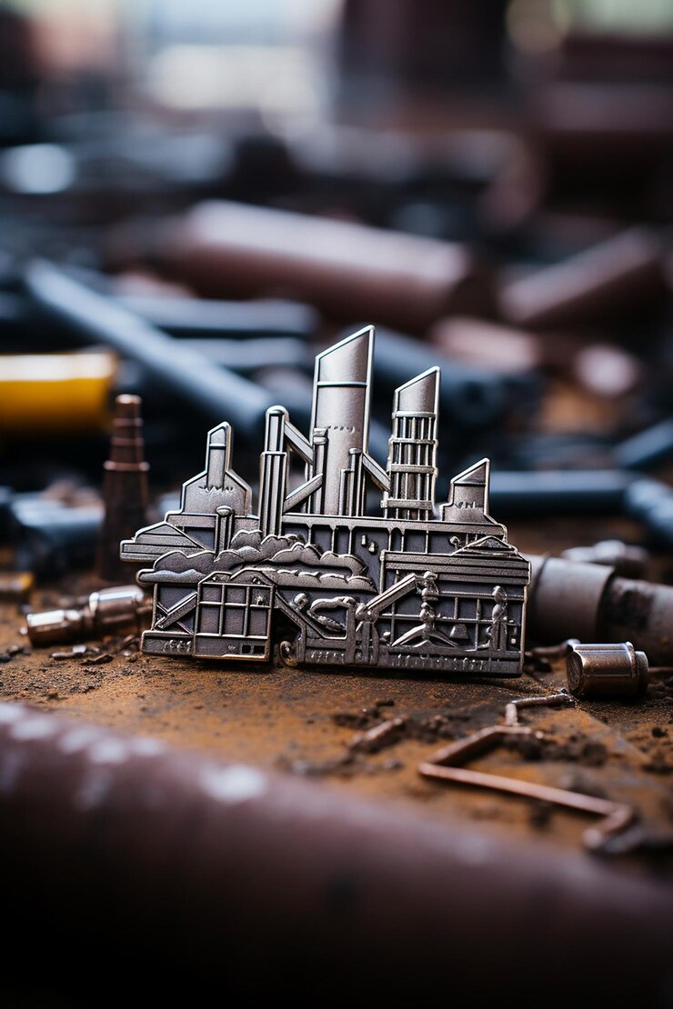 Fotoğraf enamel pin industrial silver tones and creative design