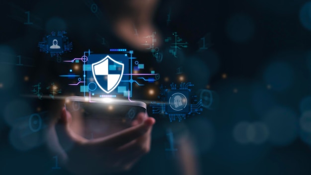 encryption with a padlock icon on the virtual interface in global network security technology business people protect personal information cybersecurity concept