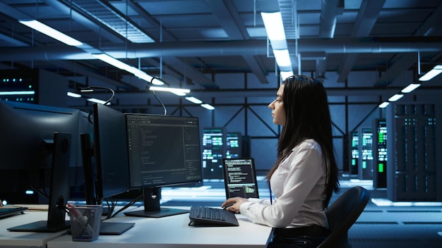 Engineer in data center sitting down at desk installing software