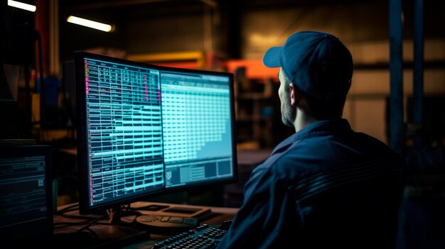 engineer or worker working on computer with intelligent control system in system software server room or server