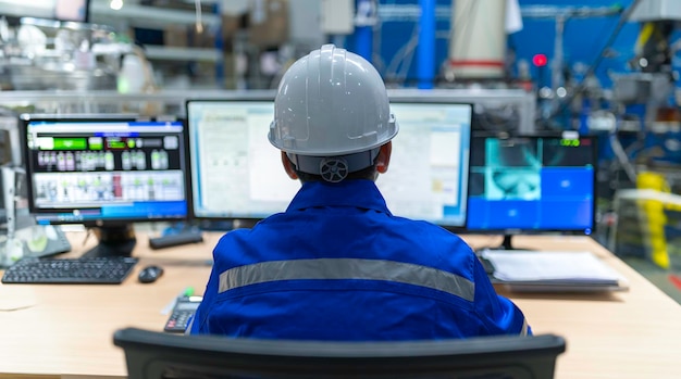 engineer working at control roommanager control systemtechnician man monitoring program from a lot of monitor