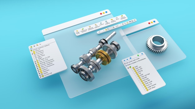 engineering project 3d cad software model of a gear wheel. factory computer screen 3d rendering.