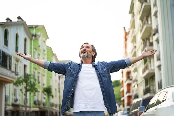 Fotoğraf enjoying life happy mature man spread his hands wide standing on the street of old town wearing whit