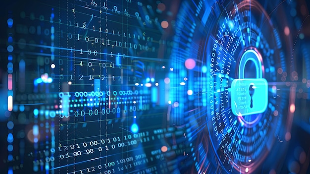 Ensuring information and data security in the online and digital realm with voice verification represented by sound waves and a lock symbol