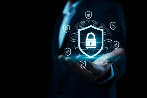 Executive Showcasing Global Cybersecurity Network Business person corporate executive displays a virtual global network with a secure lock symbol representing international data protection
