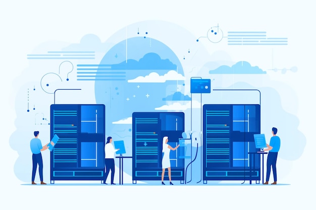 experience the efficiency of web server systems and data organization through a stylish flat vector