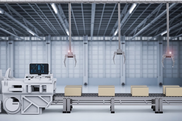 Fabrikada konveyör üzerinde kutularla 3D render robot kolları