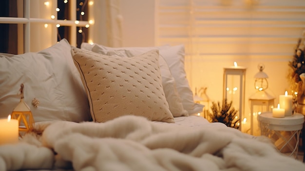 festive interior a cozy sofa with pillows and textiles against the backdrop of a bokeh garland