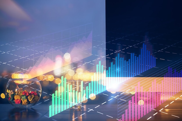 financial chart drawing and table with computer on background double exposure concept of international markets
