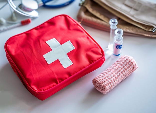First aid box and medical equipment for health emergency response and treatment kit isolated