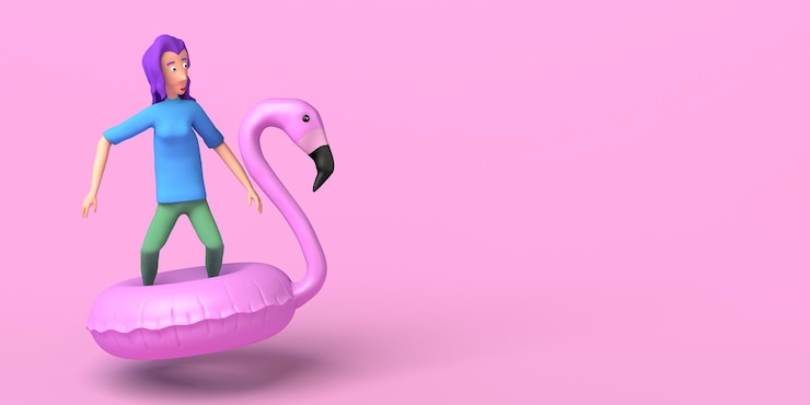 Fotoğraf flamingo şamandırasında yüzen genç kadın. yaz konsepti. kopya alanı. 3d illüstrasyon.