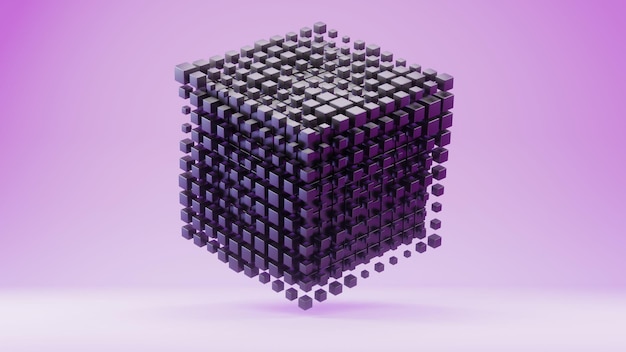 Floating Cube Structure Composed of Smaller Black Cubes on a Purple Background