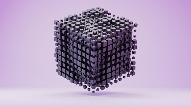 Floating Cube Structure Composed of Smaller Black Cubes on a Purple Background