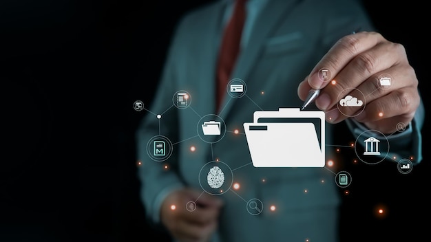 Folder document Management System DMS Open File folder with flying blank documents with computer Data transfer backup File Sharing Document Transferring concept searching and managing files