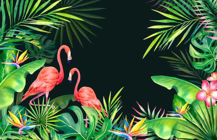 Fotoğraf frame made of palm leaves banana branches strelitzia flamingostropical plants and birds watercolor illustration carnival in brazil rio de janeiro summer mood banner template