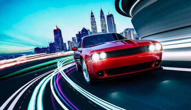 Front angle view of a generic red brandless American muscle car in a city street road  with motion blur speed light trail effect . 3D Rendering .