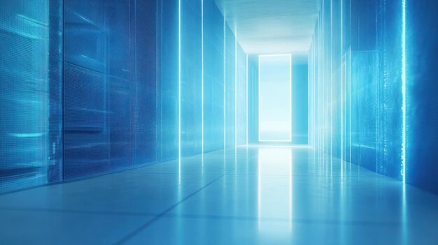 Futuristic blue hallway with glowing walls and bright exit
