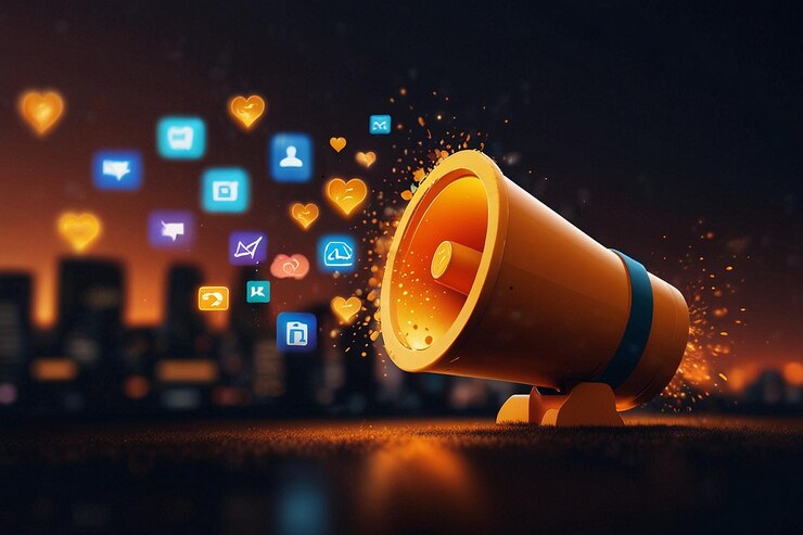 Futuristic digital media illustration with glowing orange megaphone and icons Generated AI