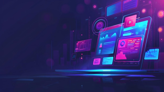 Futuristic laptop with glowing neon interface and binary code