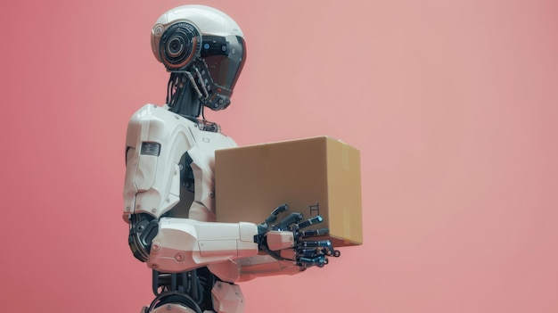 Futuristic robot holding a package against a pink background Future logistics and AI delivery concept