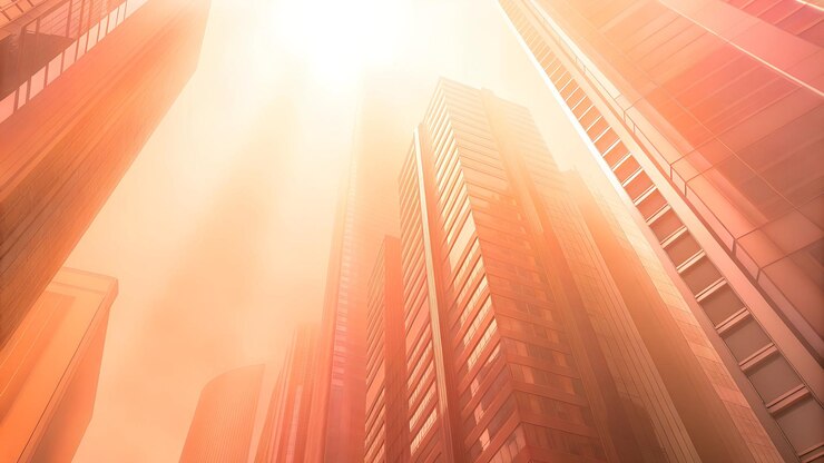 Futuristic Skyscrapers with Warm Morning Light and Fog Urban Development and Architectural Vision