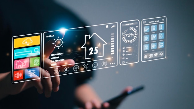 Futuristic virtual screen HUD above digital tablet computer Assistant technology for smart devices Smart home dashboard interface control connected devices and set up automation Smart home concept